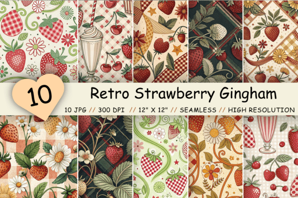 Download Retro Strawberry Gingham Digital Paper - Retro Collection